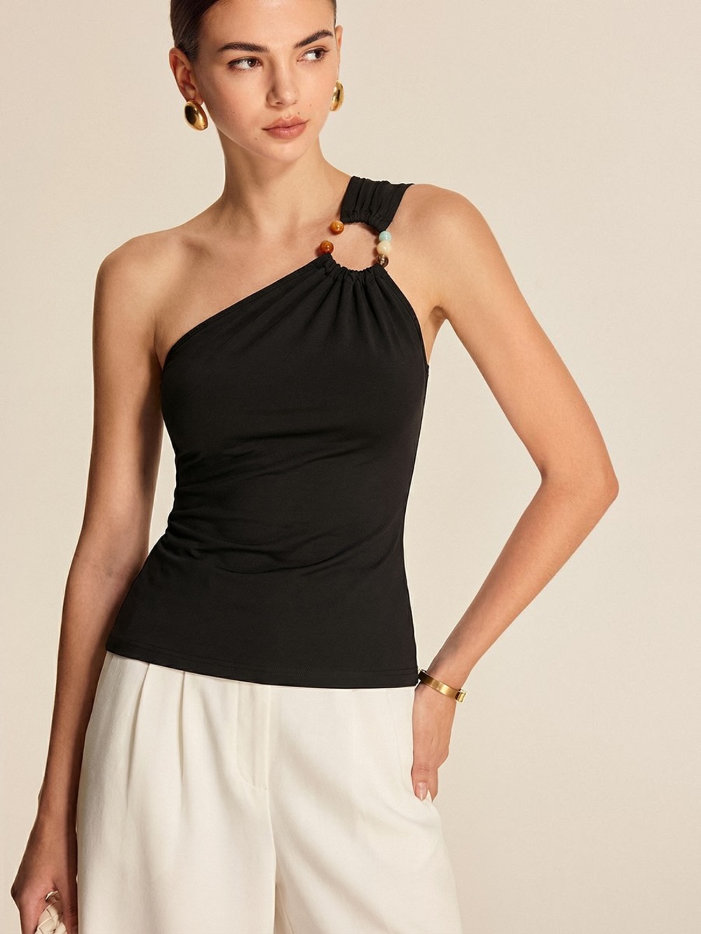 Commense One Shoulder Beaded Fitted Tank Top S LL1-26